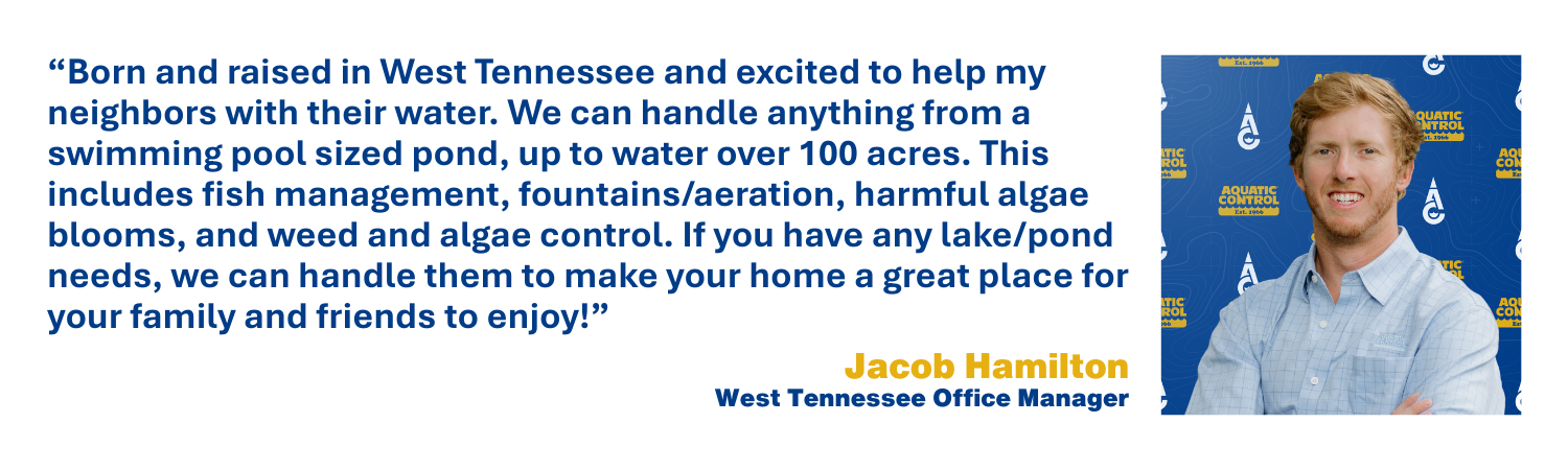 Born and raised in West Tennessee and excited to help my neighbors with their water. We can handle anything from a swimming pool sized pond, up to water over 100 acres. This includes fish management, fountains/aeration, harmful algae blooms, and weed and algae control. If you have any lake/pond needs, we can handle them to make your home a great place for your family and friends to enjoy!